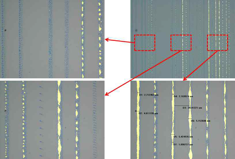 1 μm 노즐로 프린팅 된 silver ink (Ag ink-NA-39) 라인 패턴의 광학 이미지