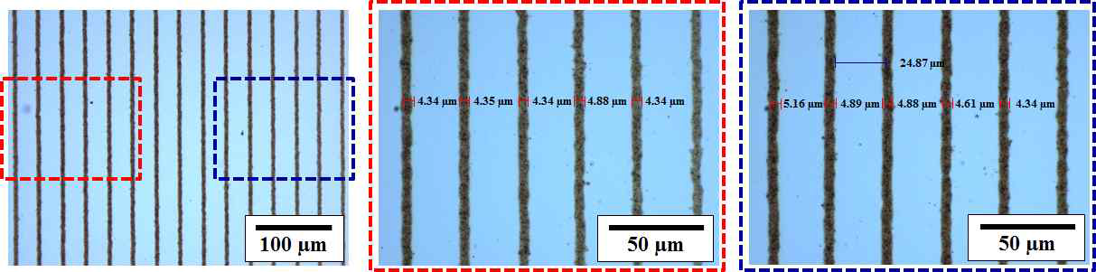 2 μm 노즐로 프린팅 된 BM ink 라인 패턴의 광학 이미지