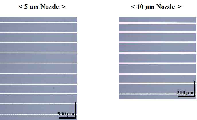 5, 10 μm 내경의 노즐을 사용하여 SU-8 코팅된 Si 기판 위에 프린팅된 전압에 따른 Ag ink 라인 패턴