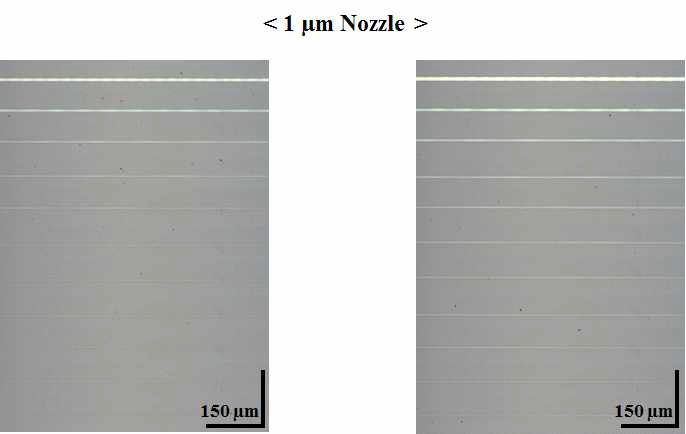 1 μm 내경의 노즐을 사용하여 SU-8 코팅된 Si 기판 위에 프린팅 된 Stage speed에 따른 Ag ink 라인 패턴 (왼쪽 : 245 V, 오른쪽 : 250 V)