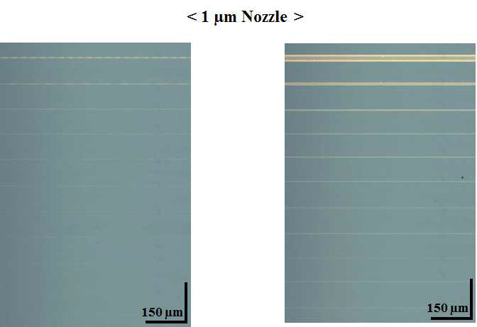 1 μm 내경의 노즐을 사용하여 SiO2 기판 위에 프린팅 된 stage speed에 따른 Ag ink 라인 패턴 (왼쪽 : 210 V, 오른쪽 : 220 V)