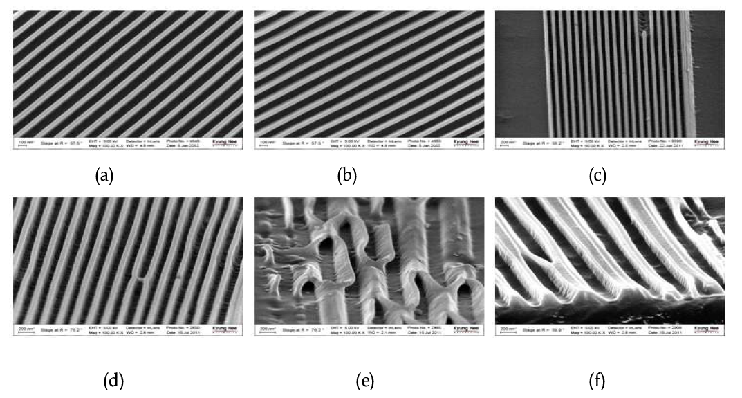 실리카 나노파티클 함유량에 따라 임프린팅 한 100 nm 패턴의 FE-SEM 이미지