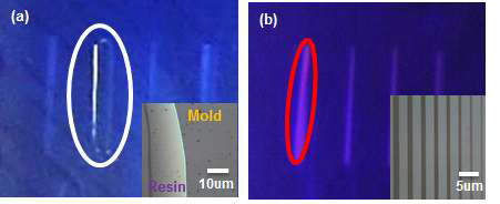 Micrscope image of pattern by nano-impinrt (a)no treatment and (b) CH4treatment on soft mold