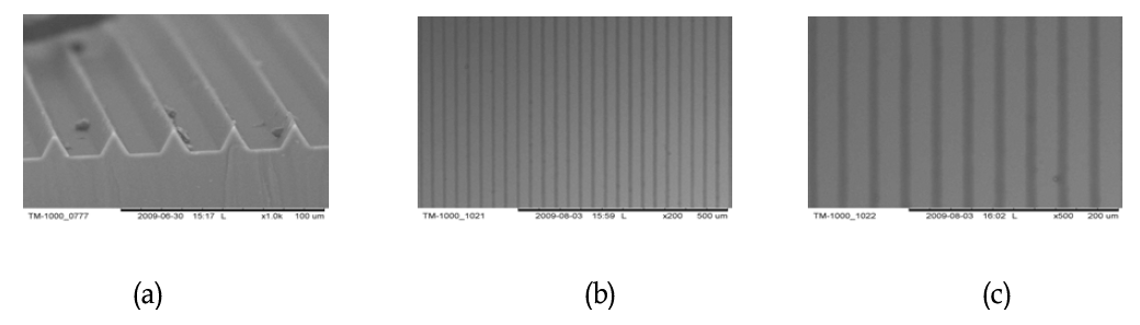 (a) PDMS mold, (b)와 (c) 실리카 기재 위에 임프린팅 한 FE-SEM 이미지