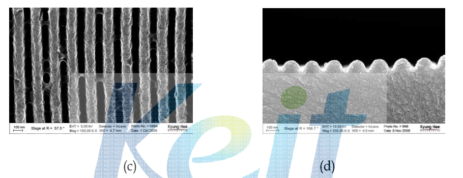 아크릴레이트 레진의 100 nm 패턴(a) 표면과 (b) 단면 FE-SEM 이미지