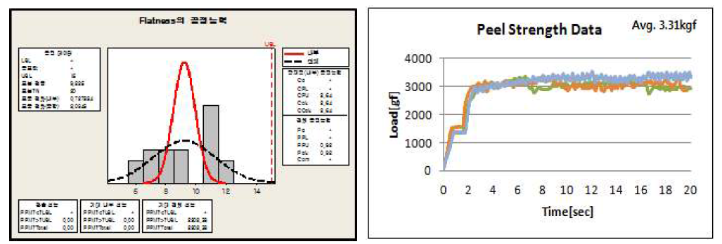 Flatness 공정 능력 및 Peel Strength 측정 결과