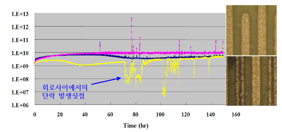 85℃ x 85%, 50V인가전압에 따른 절연저항 비교