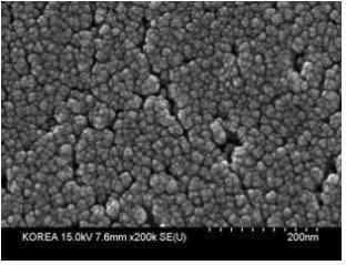 Tin(II) 2-ethylhexanoate precursor와 PVP 표면 capping제를 사용하여 습식 환원 반응으로 합성된 평균 입도 약 7 nm의 주석 나노 입자를 상온 진공 건조하여 수집한 나노 분말의 SEM 이미지