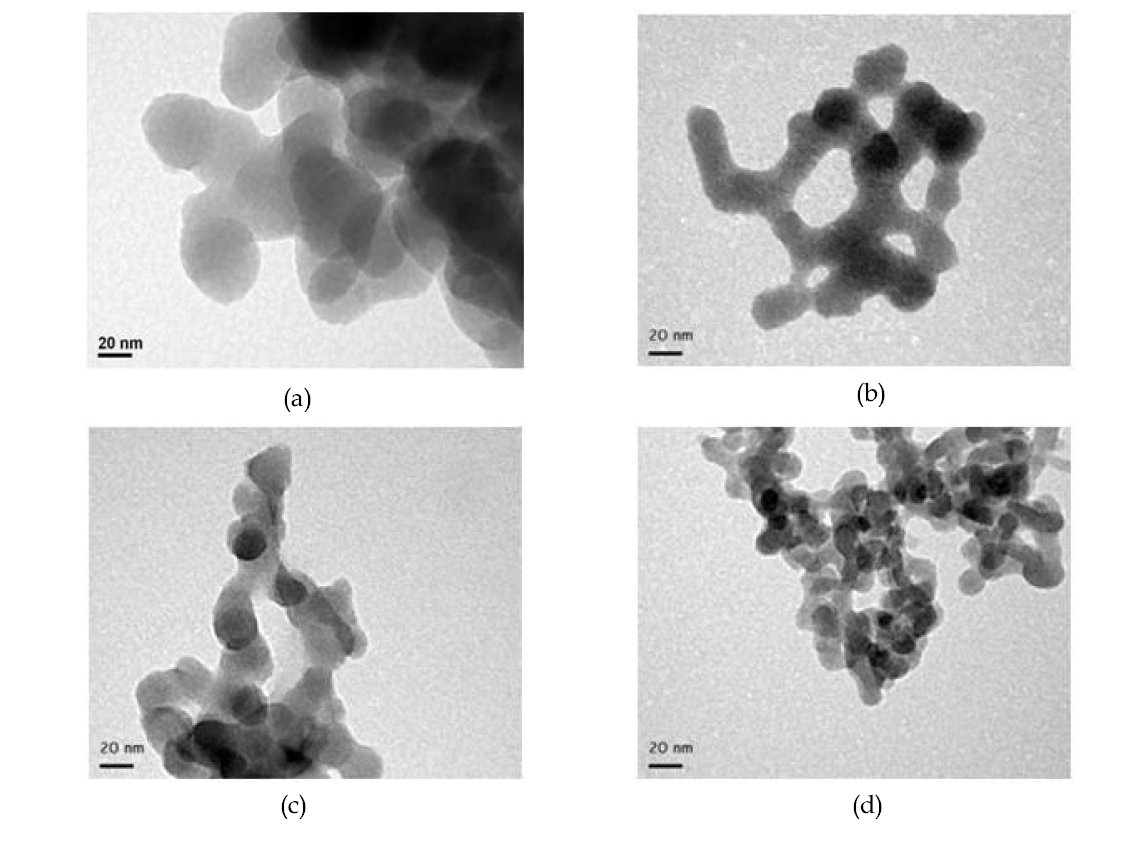 실리카의 TEM 이미지. (a) Z-115, (b) VN2, (c) VN3, (d) 200MP