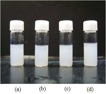 Si69의 함량을 변화하여 개질한 실리카 샘플의 소수성 평가 : (a) SiO2, (b) 5wt%Si69, (c) 7wt%Si69 (d) 10wt%Si69