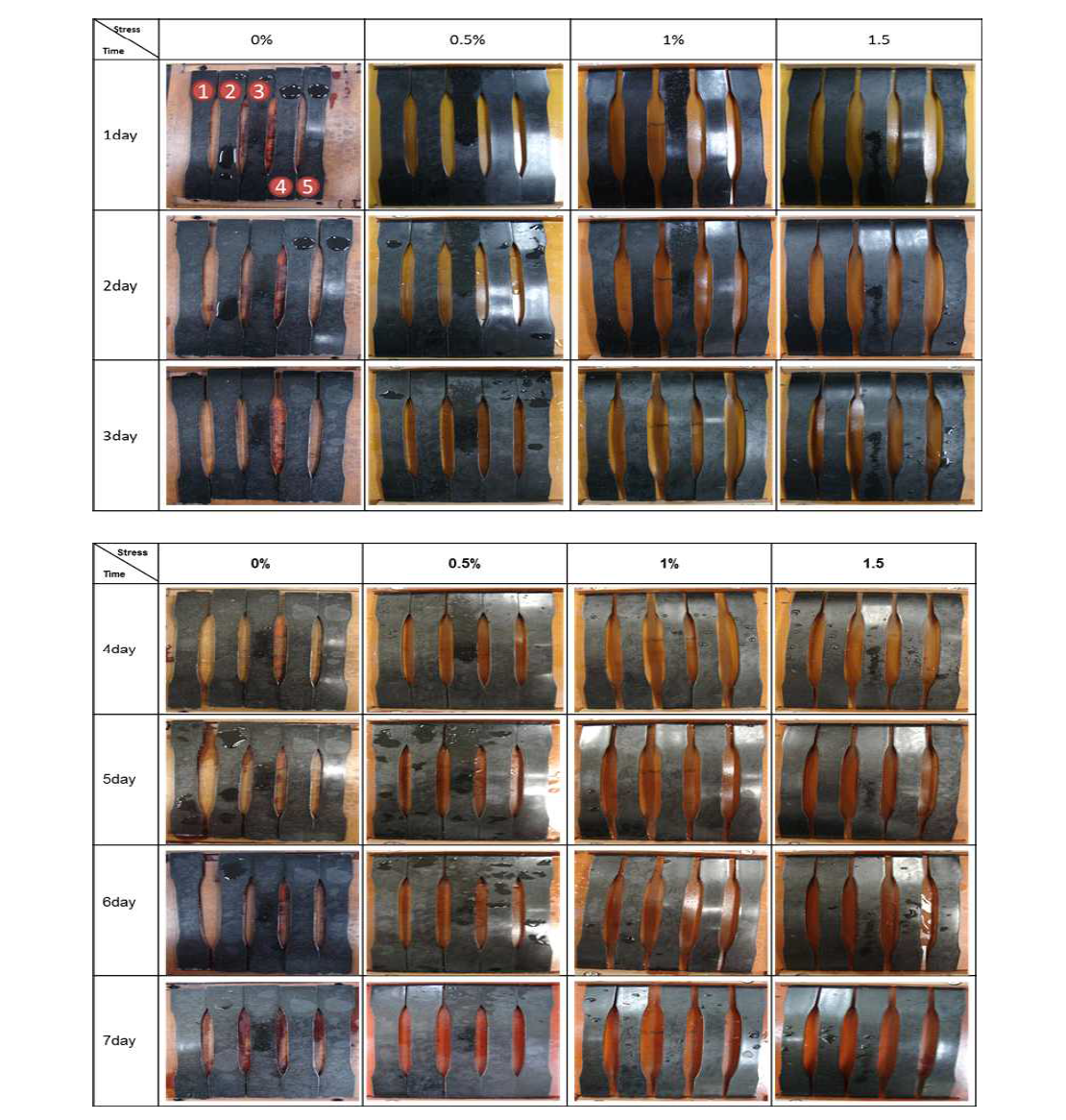 PBT/ASA 30% 인장시편의 ESCR 시험 결과; ① Gasoline ② isopropyl alcohol ③ engine oil ④ acetone ⑤ windshield washer