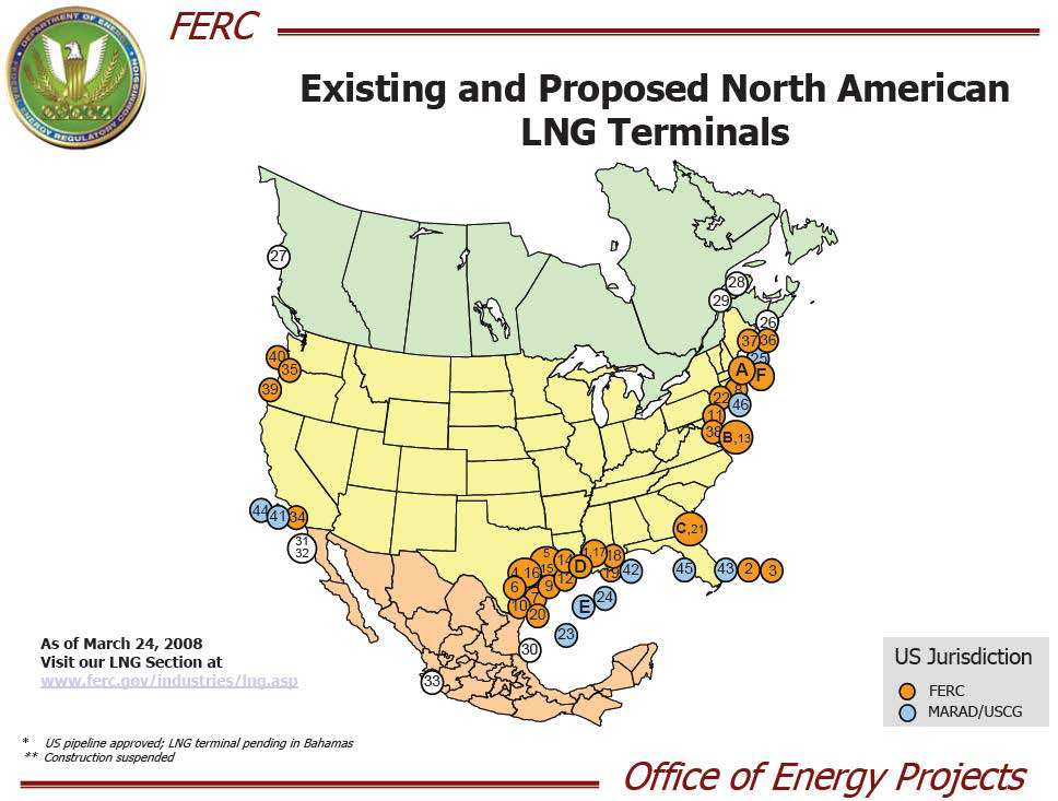 북미지역의 현존 및 제안된 LNG Terminals