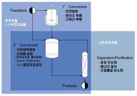 제품별 공정 구성 및 핵심 기술. 전체 시스템(공정)은 각 기술의 순차적 통합을 통해 구성되며 통합 형태는 출발물질의 종류에 따라 결정됨.