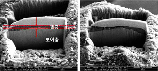 FIB에 의해 제조된 코어쉘 분말의 단면 SEM 이미지