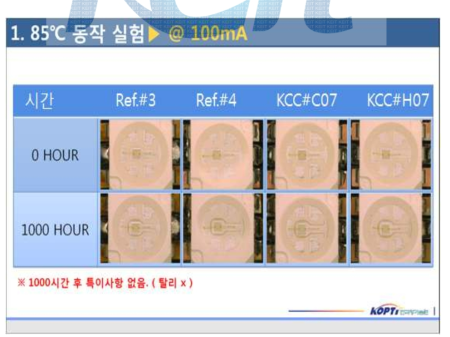 고온동작(통전) 신뢰성 시간 경과에 따른 상태 비교(참여기관)