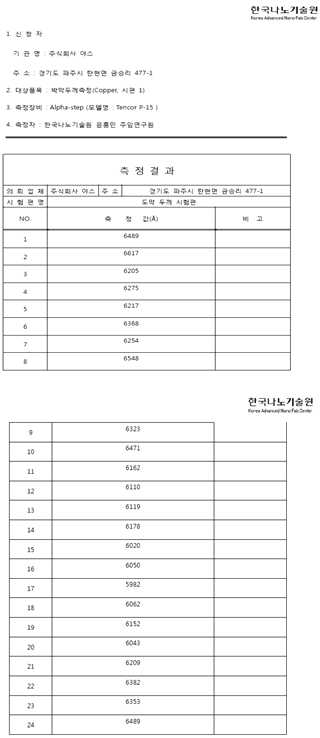 증착 두께의 불균일도 외부 측정 결과