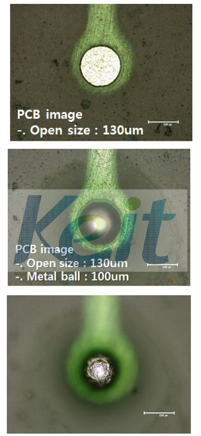 130um PCB에 dropping된 솔더볼을 reflow한 이미지