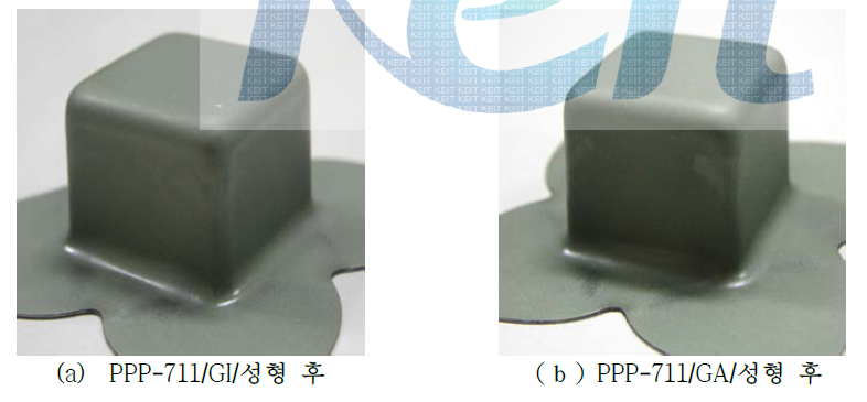 강종에 따른 PPP-711 개발 도료의 가공성형성 시험 비교
