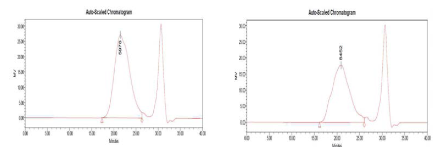 HC-850 (PAMP) 수지의 GPC chromatogram; (좌) Trial 1, (우) Trial 2
