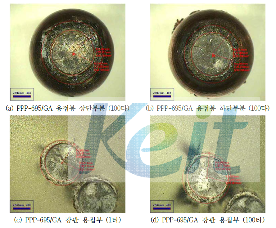 PPP-695/GA 용접봉과 GA 용접 후 optical microscope 사진