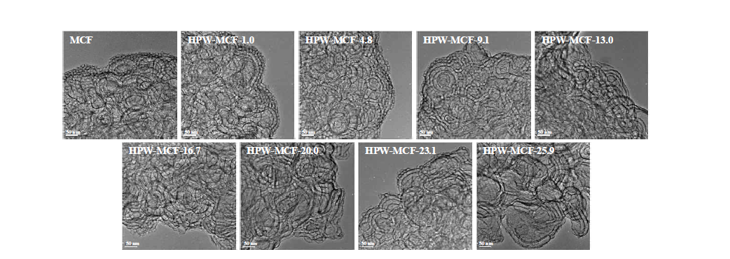 헤테로폴리산을 첨가한 MCF silica 담체(HPW-MCF-X(X=1.0, 4.8, 9.1, 13.0, 16.7, 20.0, 23.1, 25.9))의 TEM 이미지.