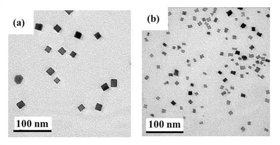 (a) 15 nm PdPt(9:1) 정육면체 나노 입자, (b) 8.5 nm PdPt(9:1) 정육면체 나노 입자의 TEM 사진.