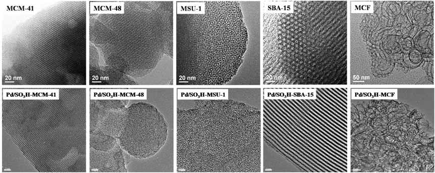 중형기공 실리카(MCM-41, MCM-48, MSU-1, SBA-15, MCF)와 술폰산기가 도입된 중형기공 실리카에 팔라듐을 담지한 촉매(Pd/SO3H-MCM-41, Pd/SO3H-MCM-48, Pd/SO3H-MSU-1, Pd/SO3H-SBA-15, Pd/SO3H-MCF)의 TEM 이미지