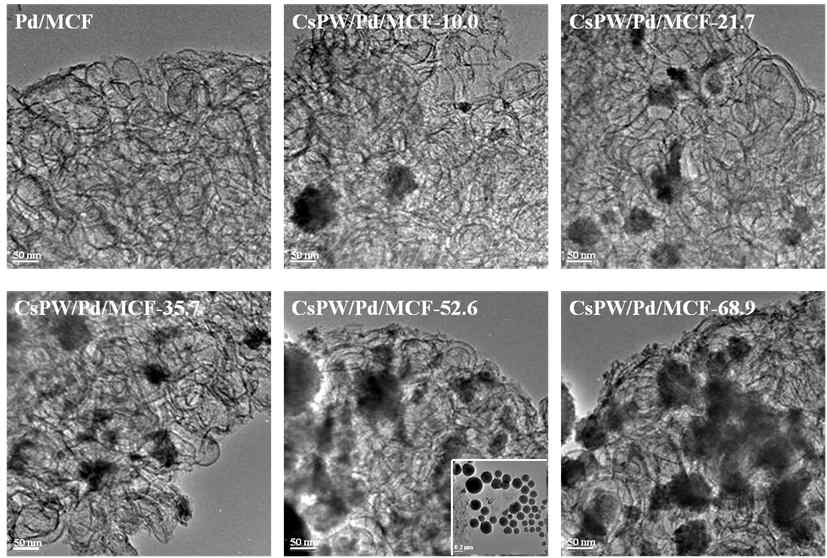 Pd/MCF와 CsPW/Pd/MCF-X(X=10.0, 21.7, 35.7, 52.6, 68.9)의 TEM 이미지