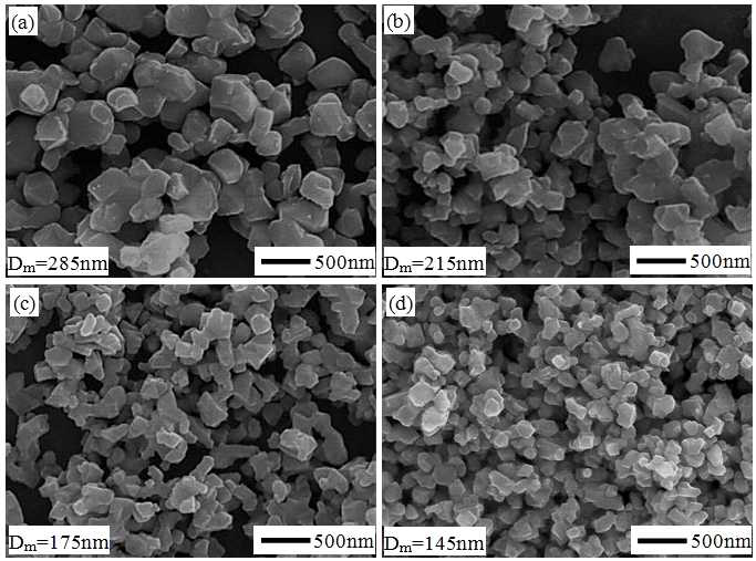 밀링 조건을 다르게 하여 800oC 3시간 열처리를 통하여 제조한 LTO의 SEM 사진