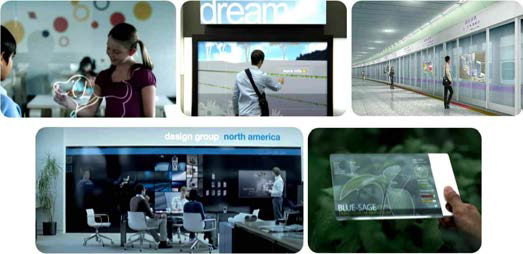 투명 디스플레이 기반 편재 디스플레이의 예: 좌측 네 개의 그림은 Microsoft 사에서 공표한 미래 사회에 관한 개념 동영상 ‘Glimpse Ahead'에서 발췌함.