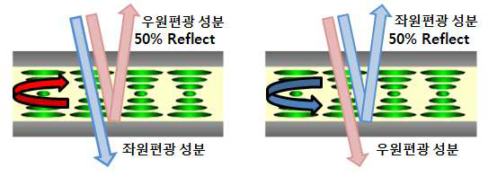 서로 다른 분자 회전 방향을 가지는 콜레스테릭 액정층을 나타낸 그림. 콜레스테릭 액정층 은 반사 파장 대역에서 분자의 회전 방향과 일치하는 편광 성분만을 반사하고, 나머지는 그대로 투 과한다. (좌)우원편광 성분만을 반사하는 콜레스테릭 액정층. (우)좌원편광 성분만을 반사하는 콜레 스테릭 액정층. 단일 셀이 달성할 수 있는 이론적인 최대 반사율은 50%에 머무른다.