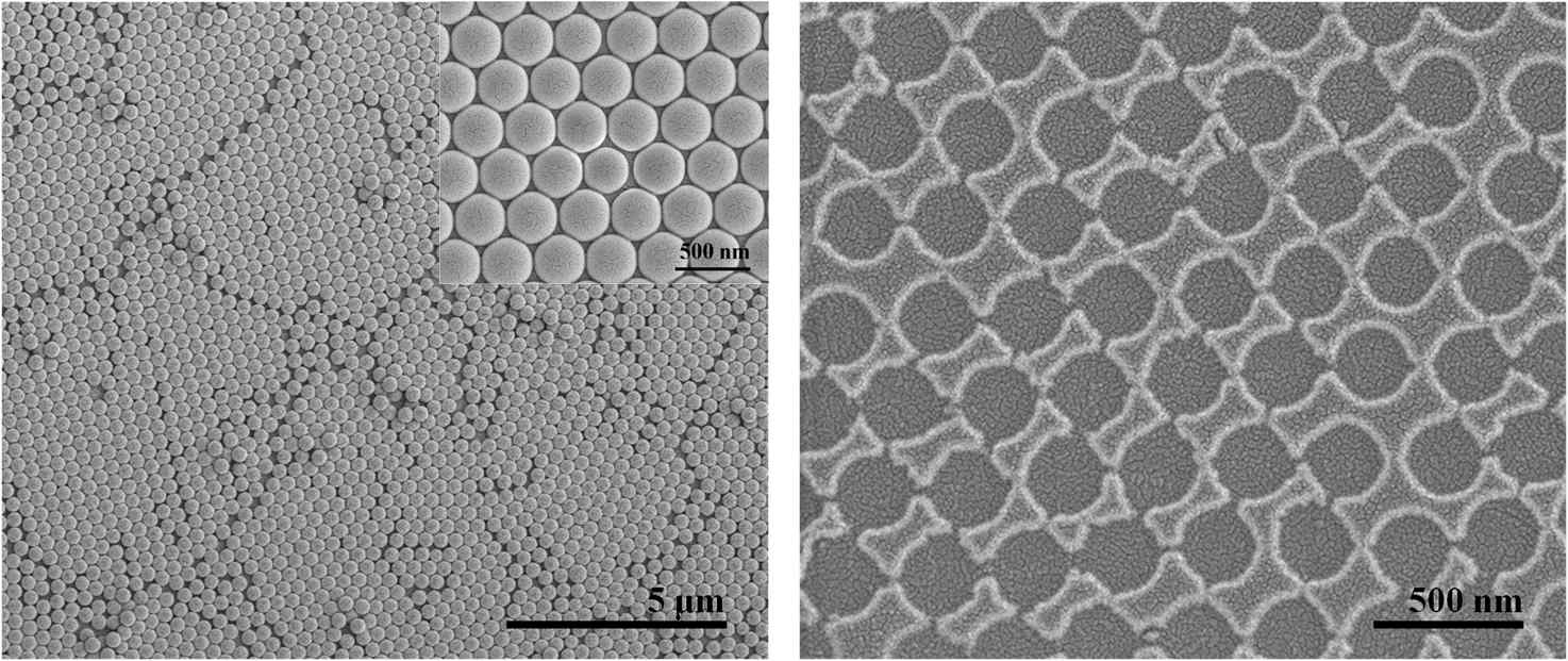 주기적인 나노 구조를 가지는 polystyrene 자기 조립 단분자막 층(좌)과 주기적으로 구명 이 형성된 WO3 층(우)