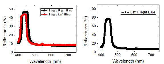 Blue대역에서 최대 반사도를 가지는 콜레스테릭 액정 셀의 적층 전 반사도(좌) 및 싱글 셀 반 사도의 산술합을 파장에 따라 Plot 한 그림(우)