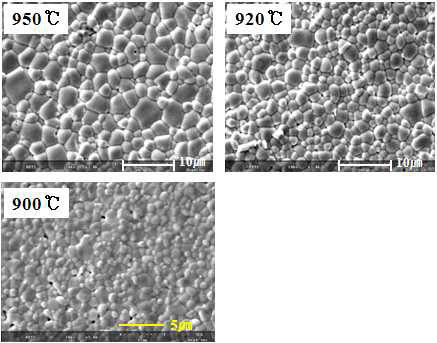 2 mol%의 (ZnO+NiO)를 초과로 첨가하여 880℃에서 4시간 하소한 후 900 - 950 ℃에서 4시간 소결한 PZT0.545-PNN-PZN 세라믹의 미세 구조 변화