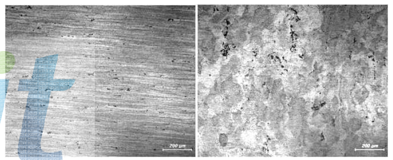 벤치마킹용 소재(#2) 미세조직, (좌) 단면 (우) 상부