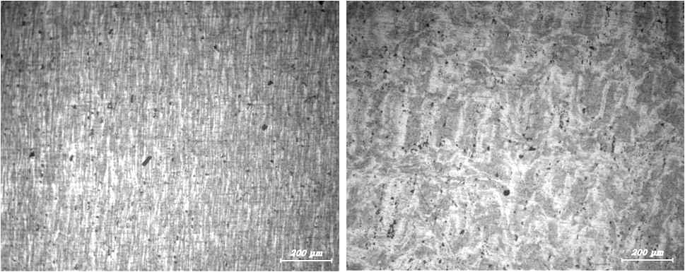 벤치마킹용 소재(#3) 미세조직, (좌) 단면 (우) 상부