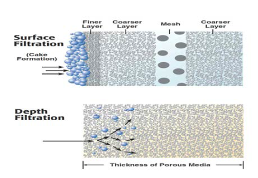 Cake filtration 및 Depth filtration mechanism 모식도