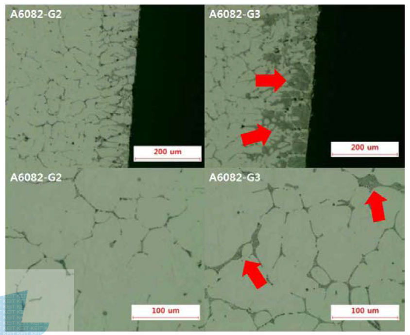 A6082-G2 및 G3 합금의표면층 및 중심부 확대 사진