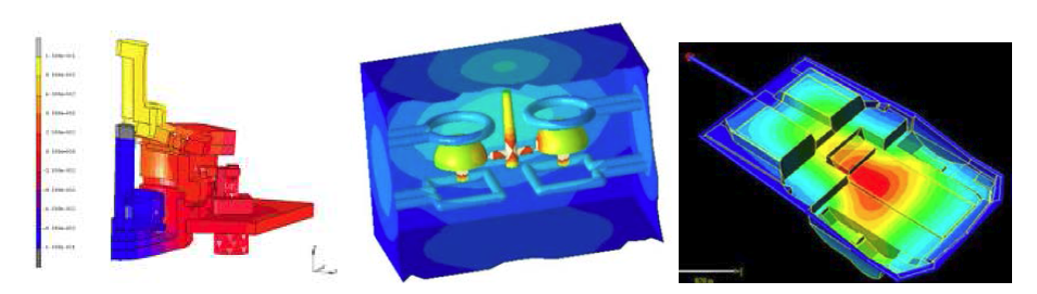 구조해석(좌), 유동해석(중), 열응력해석(우)