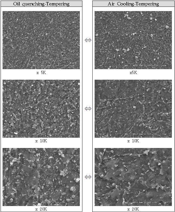 SEM 미세조직 비교 (Oil Quenching : Air cooling)