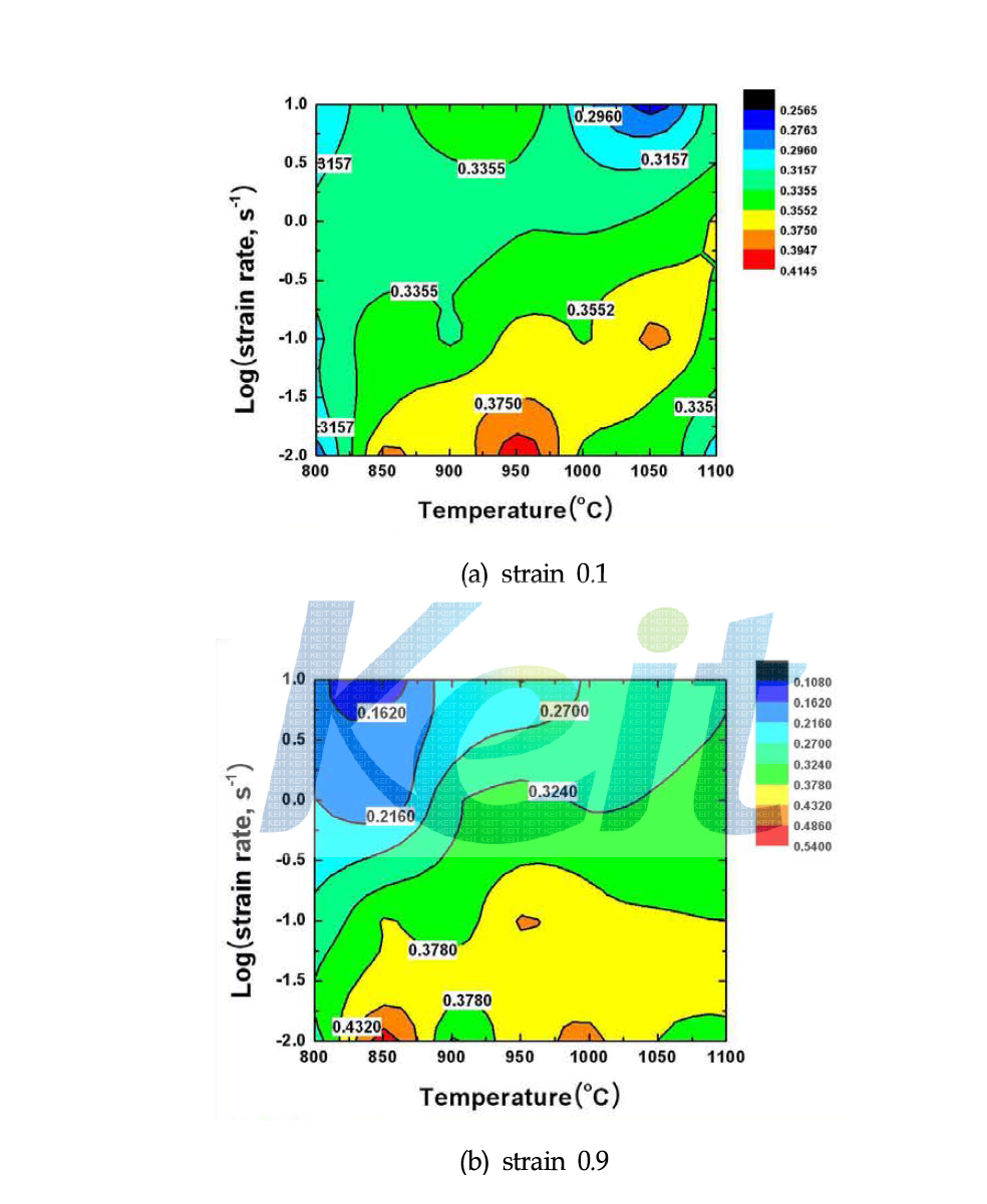 Cast NiTi 합금에 대한 에너지분산효율 지도 : (a) strain 0.1 and (b) strain 0.9