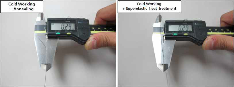 0.3mm 어닐링 Ni-Ti합금 극세선과 초탄성 Ni-Ti합금 극세선 치수측정결과
