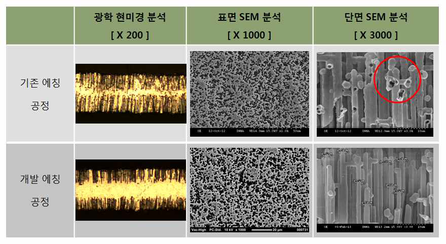 개발 된 1st 에칭 전류 형태에 따른 표면 및 단면 특성