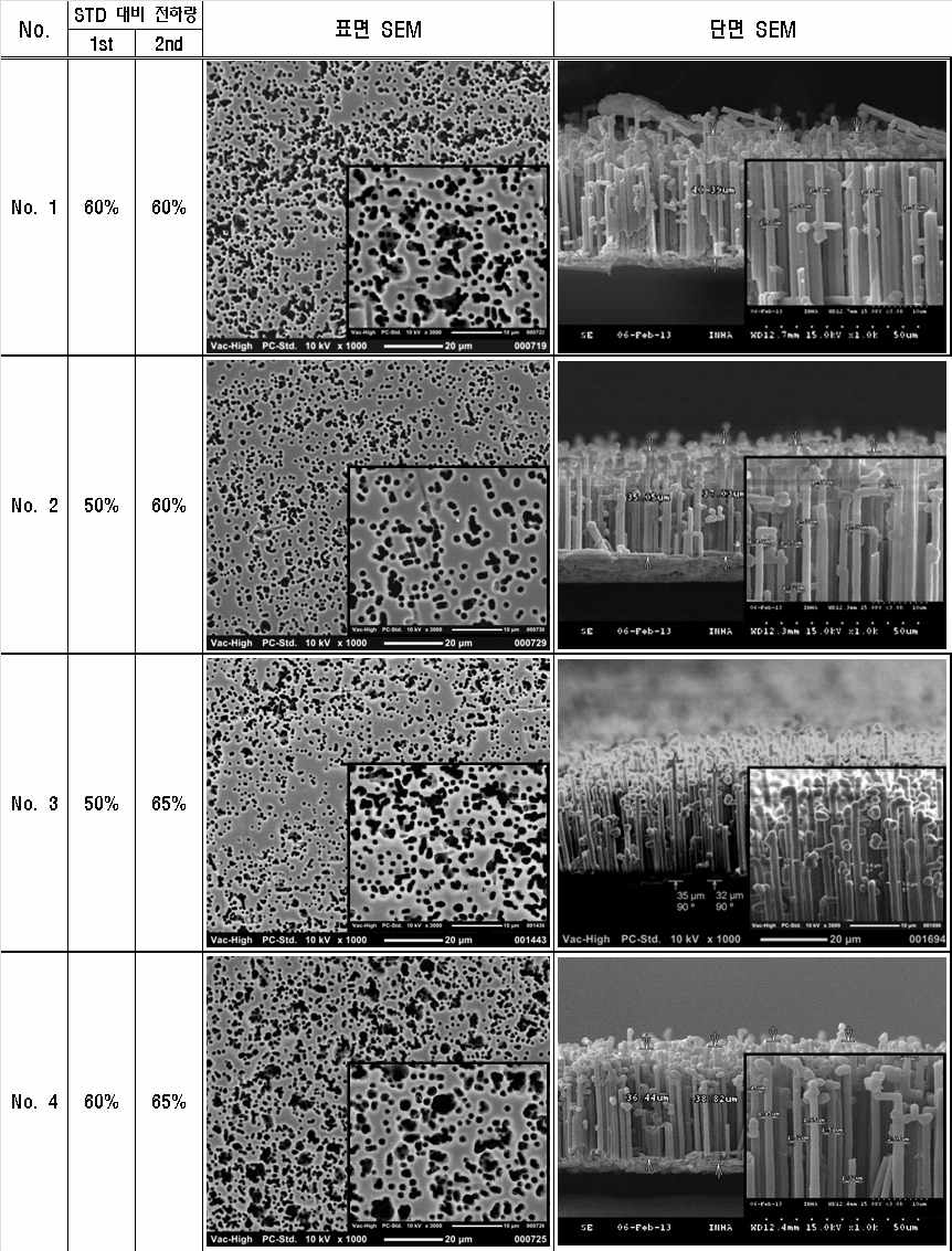 1st, 2st 에칭 전하량 조건에 따른 SEM 분석 결과
