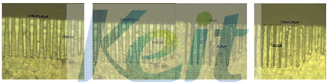 800㎃/㎠ 조건 에칭박 도금 전 후 시편 단면 형상