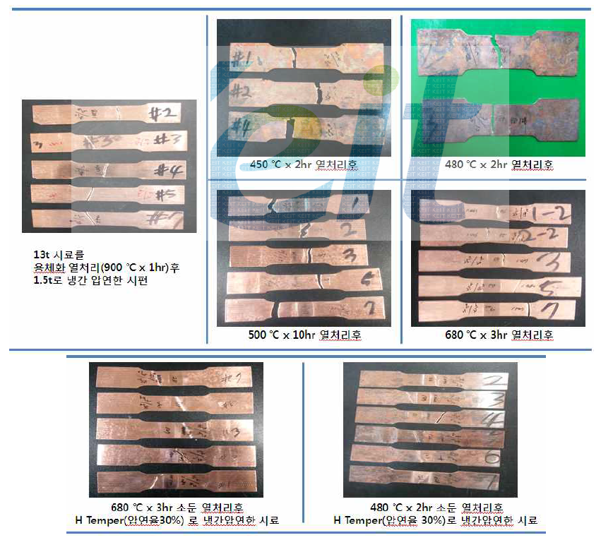 각 공정 단계 후 채취한 시료에 대한 인장 시험후 사진