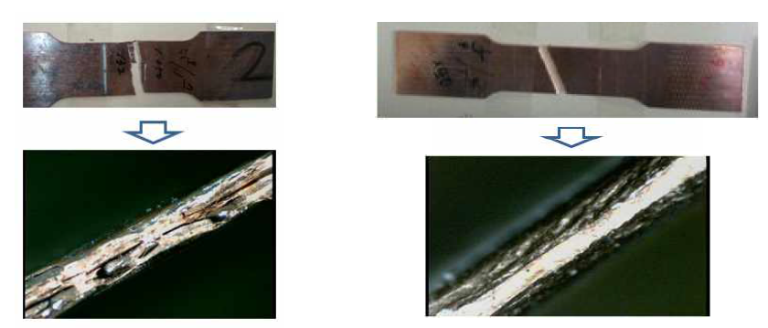 TEST2 시편의 인장 파단면(좌) 및 정상적인 인장 파단면의 예(우)