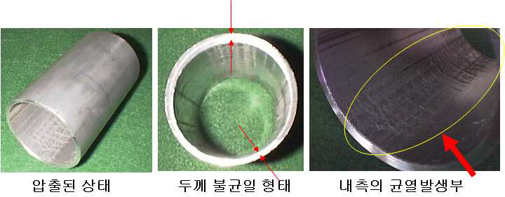 복동식 직접압출공법에서의 제작된 중공형 파이프의 문제점