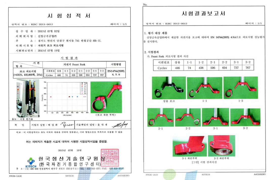 한국생산기술연구원 한국자전거종합연구센터의 기존 상용과 개발품의 시 험 평가 결과