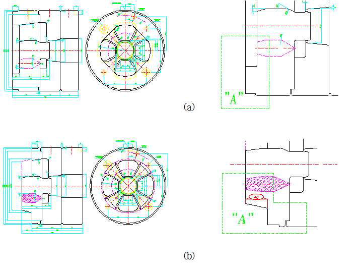 일반적인 Port hole Type(a)금형과 Spider type(b) 금형 설계도